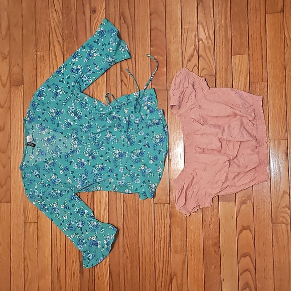NWOT tops from H&M cropped eyelet pink top, green floral wrap blouse size 8 - Picture 1 of 7
